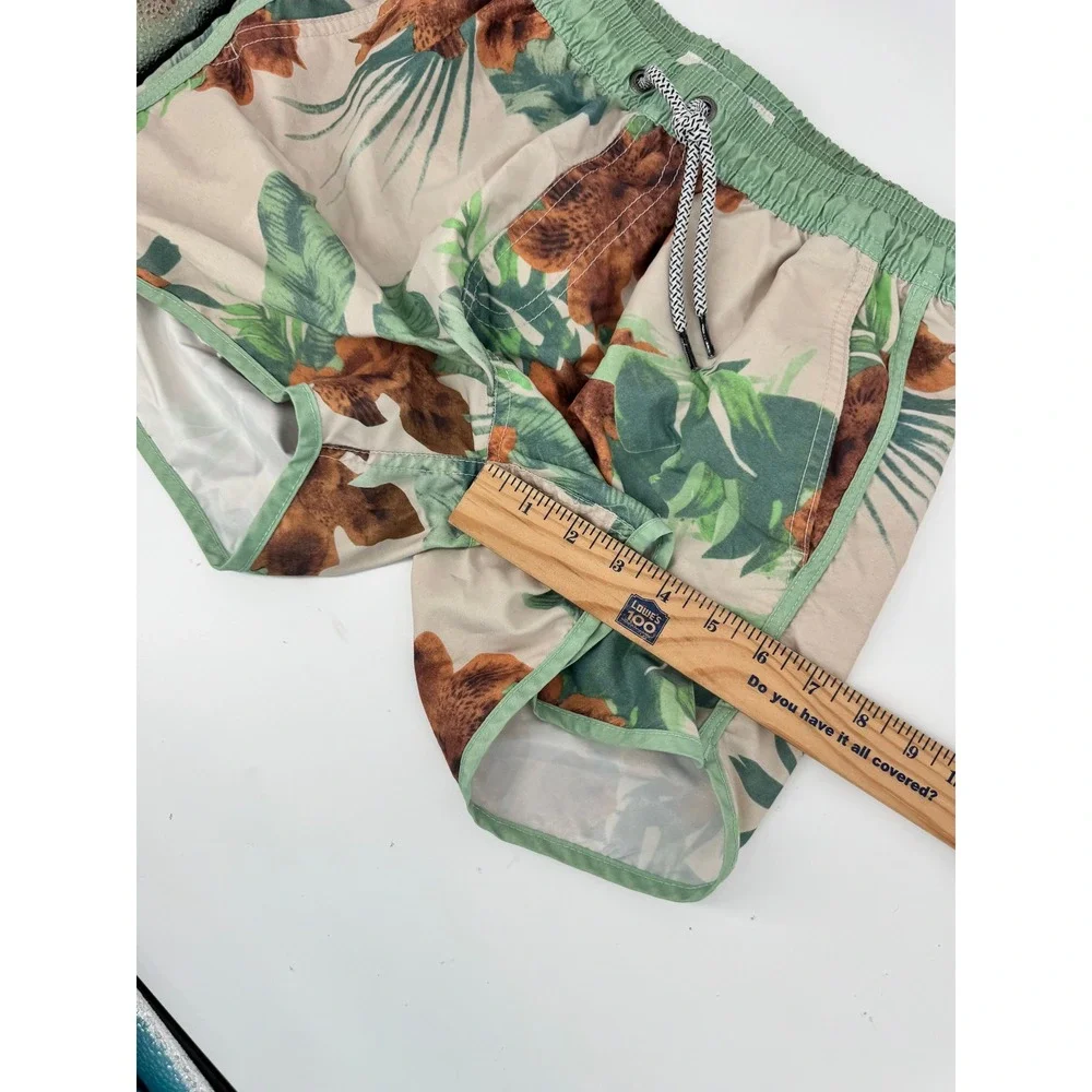 Maamgic Swim Trunks Mens XS Tan Green Tropical Floral Mesh Lined Board‎ Shorts